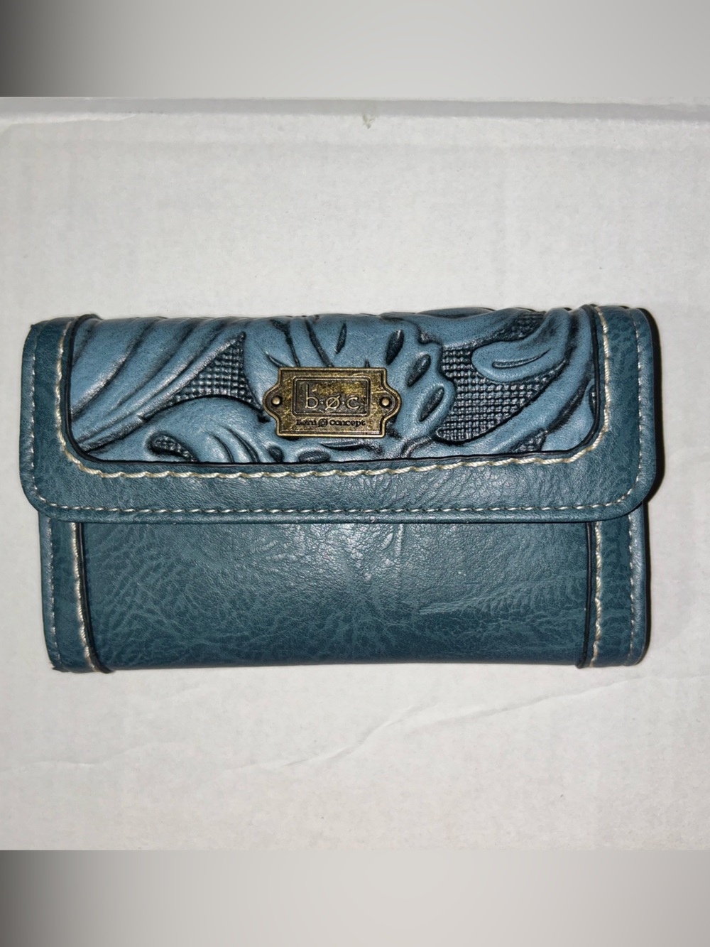 b.o.c. Blue Teal Tooled Leather Key Case with Brass Plaque